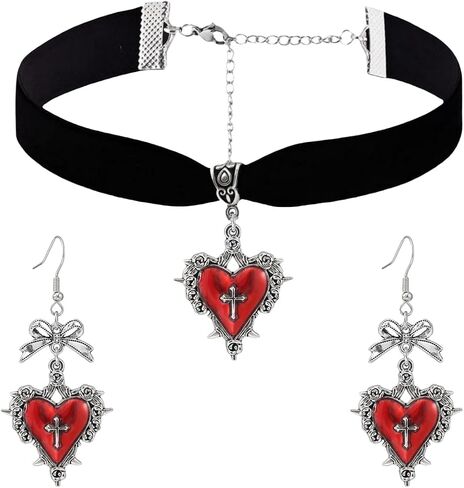 Gothic Heart Thorns Necklace Earrings Set for Women,Punk Style Velvet Big Heart Choker Necklaces Vintage Red Black Purple Crystal Earrings Y2k Aesthetic Hip Hop Halloween Jewelry Costume in Kuwait