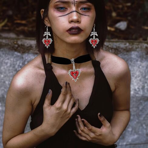 Gothic Heart Thorns Necklace Earrings Set for Women,Punk Style Velvet Big Heart Choker Necklaces Vintage Red Black Purple Crystal Earrings Y2k Aesthetic Hip Hop Halloween Jewelry Costume in Kuwait