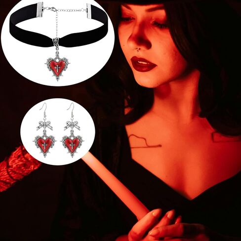 Gothic Heart Thorns Necklace Earrings Set for Women,Punk Style Velvet Big Heart Choker Necklaces Vintage Red Black Purple Crystal Earrings Y2k Aesthetic Hip Hop Halloween Jewelry Costume in Kuwait