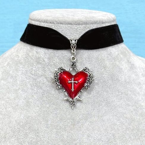Gothic Heart Thorns Necklace Earrings Set for Women,Punk Style Velvet Big Heart Choker Necklaces Vintage Red Black Purple Crystal Earrings Y2k Aesthetic Hip Hop Halloween Jewelry Costume in Kuwait