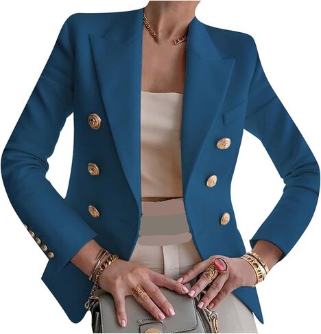 GORIFE Women's Solid Color Long Sleeve Open Front Blazers Double Breasted Jacket Slim Business Casual Suit Jacket in Kuwait