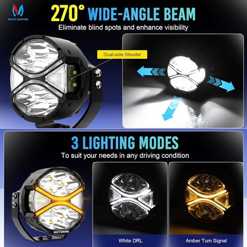 Mictuning K6 4 بوصة ، قرون فاتحة ، 160W 14328LM ألوان مزدوجة أضواء الطرق الوعرة مع إشارة دوران DRL بيضاء ، 270 ° SHOARER IP68 ماء مقاوم للماء الخندق الخندق مع غطاء مصباح أسود ، أزواج ، أزواج in Kuwait