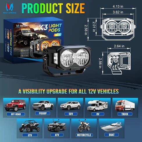 Mictuning K6 4 بوصة ، قرون فاتحة ، 160W 14328LM ألوان مزدوجة أضواء الطرق الوعرة مع إشارة دوران DRL بيضاء ، 270 ° SHOARER IP68 ماء مقاوم للماء الخندق الخندق مع غطاء مصباح أسود ، أزواج ، أزواج in Kuwait