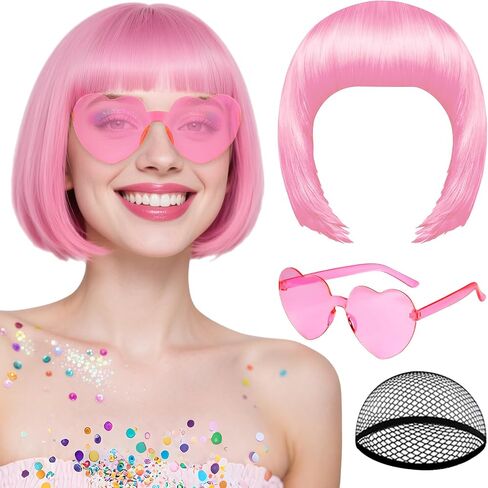 MEEZY 1Pcs Purple Short Bob Wigs Straight Hair with Flat Bangs Heart Sunglasses for Women, Colorful Funny Cosplay Party Neon Wig Synthetic Natural As Real Carnival Halloween Costume in Kuwait