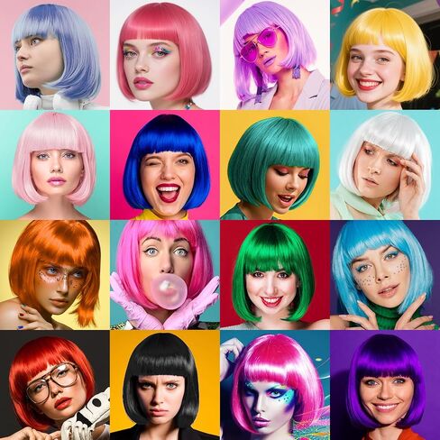 MEEZY 1Pcs Purple Short Bob Wigs Straight Hair with Flat Bangs Heart Sunglasses for Women, Colorful Funny Cosplay Party Neon Wig Synthetic Natural As Real Carnival Halloween Costume in Kuwait
