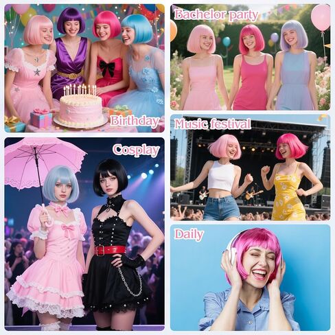 MEEZY 1Pcs Purple Short Bob Wigs Straight Hair with Flat Bangs Heart Sunglasses for Women, Colorful Funny Cosplay Party Neon Wig Synthetic Natural As Real Carnival Halloween Costume in Kuwait