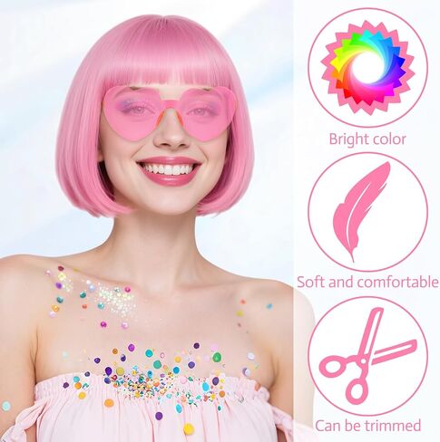 MEEZY 1Pcs Purple Short Bob Wigs Straight Hair with Flat Bangs Heart Sunglasses for Women, Colorful Funny Cosplay Party Neon Wig Synthetic Natural As Real Carnival Halloween Costume in Kuwait