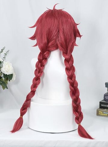 Wine Red Long Braided Hair Wig with Bangs Anime Cosplay Synthetic Wig for Girls Role Playing Party in Saudi Arabia