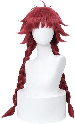 Wine Red Long Braided Hair Wig with Bangs Anime Cosplay Synthetic Wig for Girls Role Playing Party in Saudi Arabia
