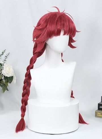 Wine Red Long Braided Hair Wig with Bangs Anime Cosplay Synthetic Wig for Girls Role Playing Party in Saudi Arabia