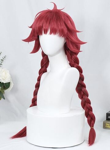 Wine Red Long Braided Hair Wig with Bangs Anime Cosplay Synthetic Wig for Girls Role Playing Party in Saudi Arabia