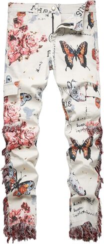Men Butterfly Flower Print Tassels Slim Straight Jeans in Kuwait