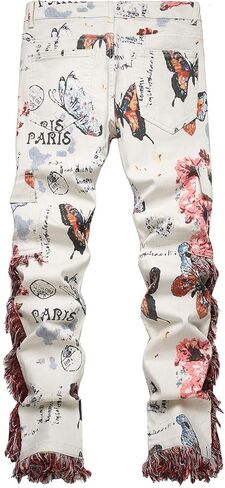 Men Butterfly Flower Print Tassels Slim Straight Jeans in Kuwait