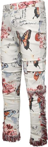 Men Butterfly Flower Print Tassels Slim Straight Jeans in Kuwait