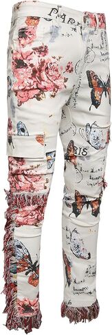 Men Butterfly Flower Print Tassels Slim Straight Jeans in Kuwait