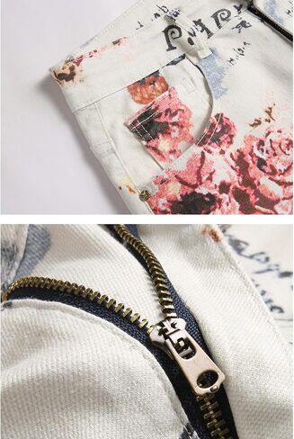 Men Butterfly Flower Print Tassels Slim Straight Jeans in Kuwait