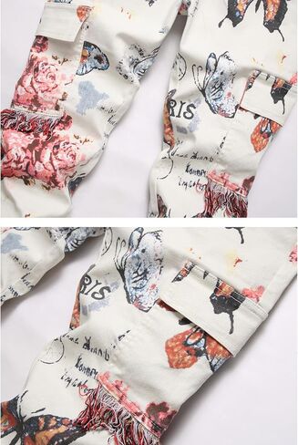 Men Butterfly Flower Print Tassels Slim Straight Jeans in Kuwait