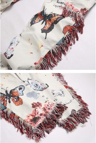 Men Butterfly Flower Print Tassels Slim Straight Jeans in Kuwait