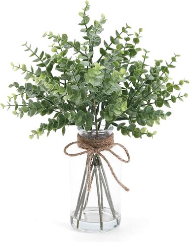 Eucalyptus Stems in Glass Vase with Faux Water, 13.7" Eucalyptus Fake Plants for Home Bathroom Office Kitchen Farmhouse Shelf Centerpiece Coffee Table Decor(Sage Green) in Kuwait