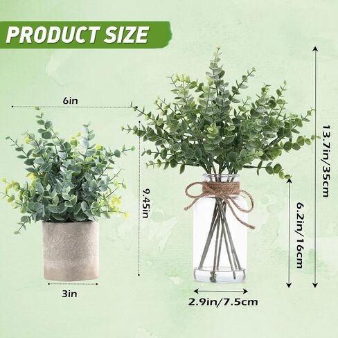 Eucalyptus Stems in Glass Vase with Faux Water, 13.7" Eucalyptus Fake Plants for Home Bathroom Office Kitchen Farmhouse Shelf Centerpiece Coffee Table Decor(Sage Green) in Kuwait