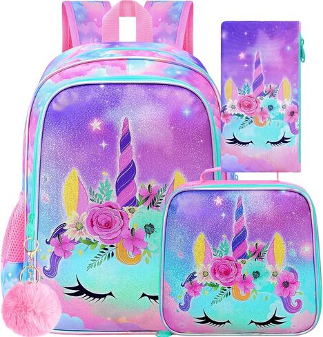 3PCS Unicorn Backpack for Girls, 16" Kids Bookbag with Lunch Box, Water Resistant Elementary School Bag for Prechool Toddler in Kuwait