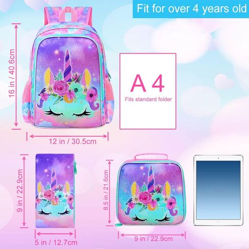 3PCS Unicorn Backpack for Girls, 16" Kids Bookbag with Lunch Box, Water Resistant Elementary School Bag for Prechool Toddler in Kuwait
