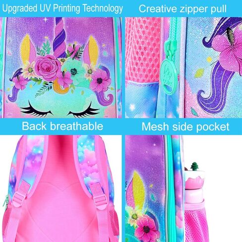 3PCS Unicorn Backpack for Girls, 16" Kids Bookbag with Lunch Box, Water Resistant Elementary School Bag for Prechool Toddler in Kuwait