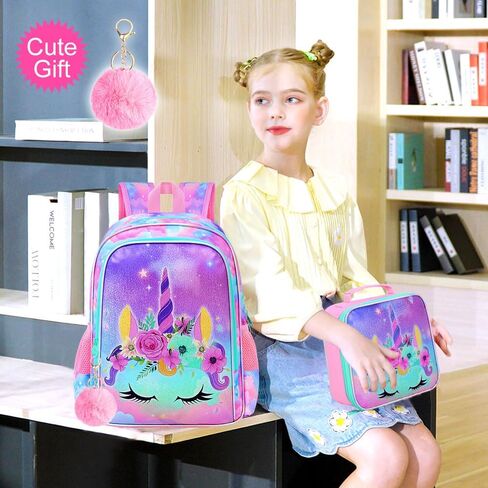 3PCS Unicorn Backpack for Girls, 16" Kids Bookbag with Lunch Box, Water Resistant Elementary School Bag for Prechool Toddler in Kuwait