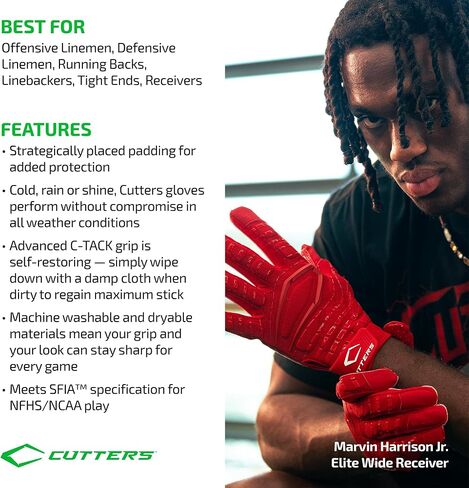 CUTTERS Gamer Padded Football Glove. All Purpose Players, Receivers, Lineman. Extra Grip. in Saudi Arabia