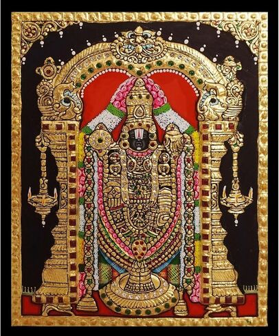 Tarang Arts Lord BALAJI Tanjore Paintings with Wooden Frame, 2D Emboss, 22Carat Gold Foil & Stones Handwork Painting for Home/Puja/Wall Decor/Gifts (14x12 Inches) in Saudi Arabia