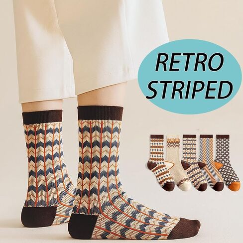 chunfo Womens Retro Striped Crew Socks Argyle Sock Boot مرنة ، دافئة ، مكتب ، مدرسة ، حجم السفر 5-8 in Kuwait