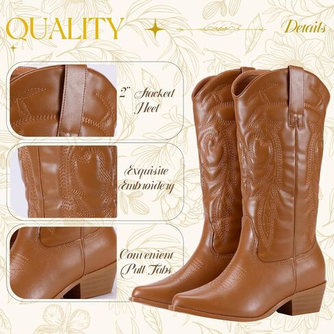 RLW Cowboy Boots for Women ، Bointy Toe Cowgirl Boot ، Mid Galf Ladies Western Boots بأزياء كعب مكتنزة in Saudi Arabia