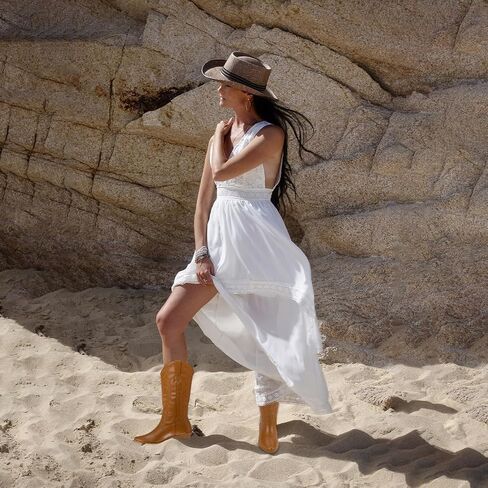 RLW Cowboy Boots for Women ، Bointy Toe Cowgirl Boot ، Mid Galf Ladies Western Boots بأزياء كعب مكتنزة in Saudi Arabia