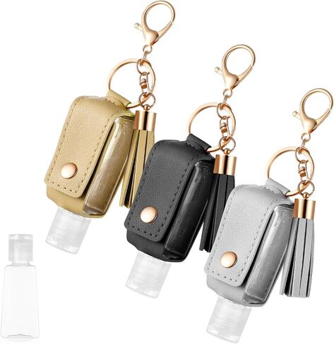 2Pcs Hand Sanitizer Keychain, 30ml Portable Leather Hand Sanitizer Holder Travel Size Keychain Hand Sanitizer Case Refillable Bottle for Toiletry Lotion Liquid Soap Shampoo (Black, Pink) in Kuwait