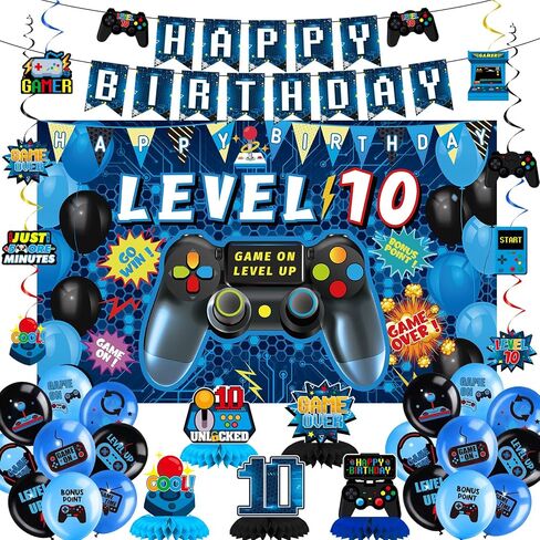 Vlipoeasn Green 10th Birthday Decorations for Boys, Video Game Level 10 Banner Backdrop Honeycomb Centerpieces Hanging Swirls for 10th Birthday Party, Gamer 10 Years Old Party Supplies in Kuwait