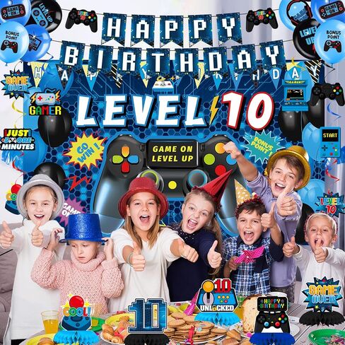 Vlipoeasn Green 10th Birthday Decorations for Boys, Video Game Level 10 Banner Backdrop Honeycomb Centerpieces Hanging Swirls for 10th Birthday Party, Gamer 10 Years Old Party Supplies in Kuwait