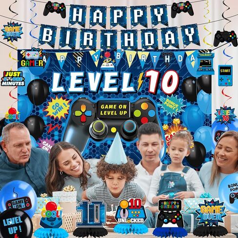 Vlipoeasn Green 10th Birthday Decorations for Boys, Video Game Level 10 Banner Backdrop Honeycomb Centerpieces Hanging Swirls for 10th Birthday Party, Gamer 10 Years Old Party Supplies in Kuwait