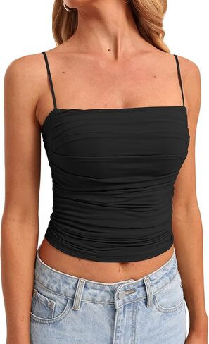 Darong Women Padded Double Lined Ruched Tank Tops Bulit in Bra Summer Spaghetti Strap Going Out Crop Tank Shirts in Saudi Arabia