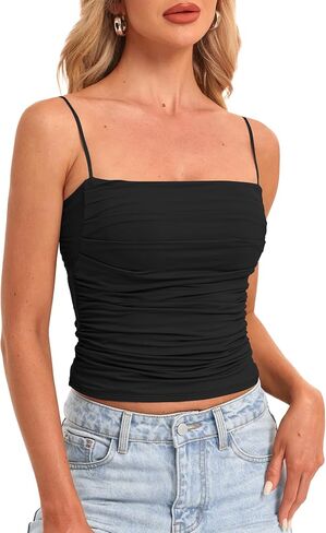 Darong Women Padded Double Lined Ruched Tank Tops Bulit in Bra Summer Spaghetti Strap Going Out Crop Tank Shirts in Saudi Arabia