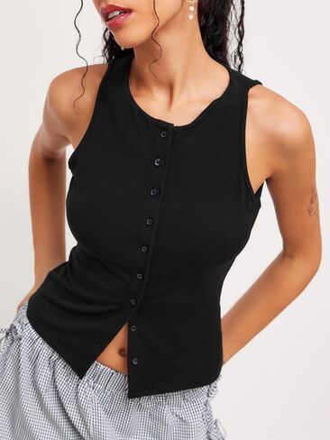 CIDER Women Button Down Tank Tops Sleeveless Ribbed Slim Fit Crop Vest Top Summer Going Out Tank Top in Saudi Arabia
