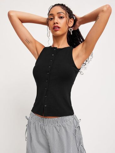CIDER Women Button Down Tank Tops Sleeveless Ribbed Slim Fit Crop Vest Top Summer Going Out Tank Top in Saudi Arabia