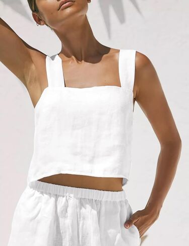 IDEALSANXUN Womens Linen Crop Tank Tops Summer Cute Sleeveless Square Neck Loose Fit Shirts Blouses in Saudi Arabia
