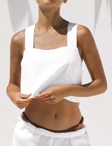 IDEALSANXUN Womens Linen Crop Tank Tops Summer Cute Sleeveless Square Neck Loose Fit Shirts Blouses in Saudi Arabia