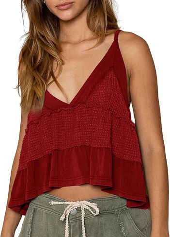 VNIRA Womens Sleeveless Peplum Spaghetti Strap Babydoll V Neck Ruffle Loose Fit Waffle Knit Crop Boho Tank Tops in Kuwait