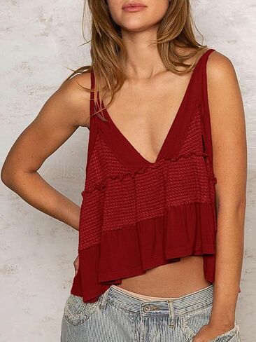 VNIRA Womens Sleeveless Peplum Spaghetti Strap Babydoll V Neck Ruffle Loose Fit Waffle Knit Crop Boho Tank Tops in Kuwait