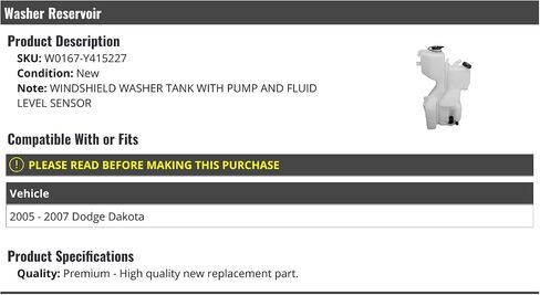 Windshield Washer Reservoir Tank - with Pump and Fluid Level Sensor - Compatible with 2005-2007 Dodge Dakota in Saudi Arabia