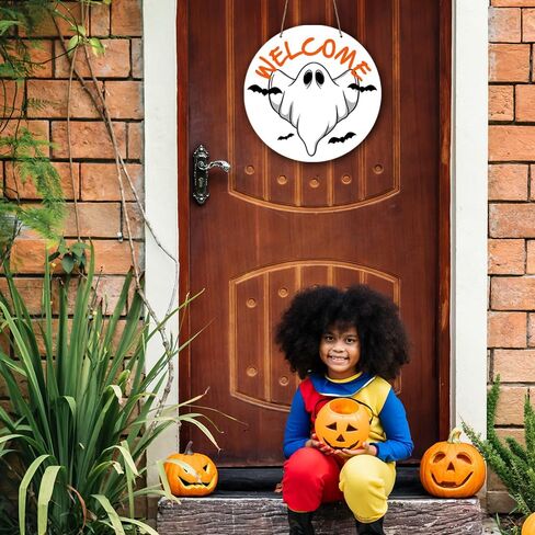 Happy Halloween Boo Spooky Rustic Wood Sign Welcome Wood Hanging Plaque Signs for Home Farmhouse Front Door Wall Decor Fall Indoor Outdoor Halloween Party Supplies 10 x 10 Inches in Saudi Arabia