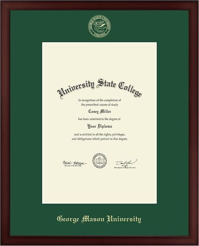 George Mason University 10" w x 14" h Diploma Frame - Fits a bachelor's, master's and phd - Gold Embossed Diploma Frame - Cherry Moulding with Tartan Green Matting - Officially Licensed in Saudi Arabia