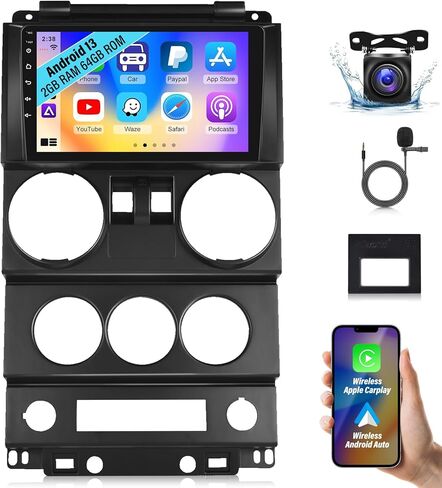 2+64G Android Car Stereo for Jeep Wrangler 2007-2010 (4 Door) - Wireless Carplay & Android Auto - 9 Inch Touchscreen Radio with EQ DSP, GPS, WiFi, FM/RDS + AHD Rear View Camera in Kuwait