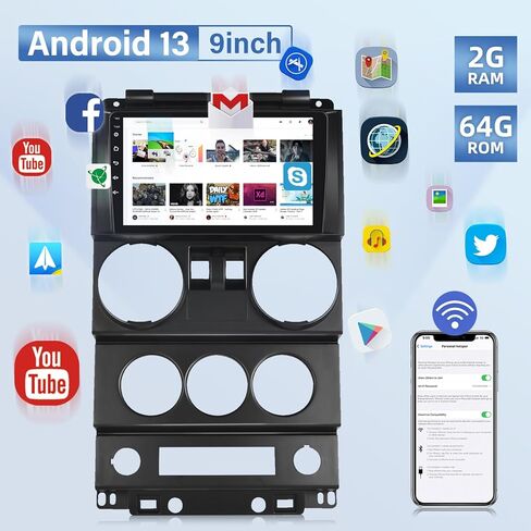 2+64G Android Car Stereo for Jeep Wrangler 2007-2010 (4 Door) - Wireless Carplay & Android Auto - 9 Inch Touchscreen Radio with EQ DSP, GPS, WiFi, FM/RDS + AHD Rear View Camera in Kuwait
